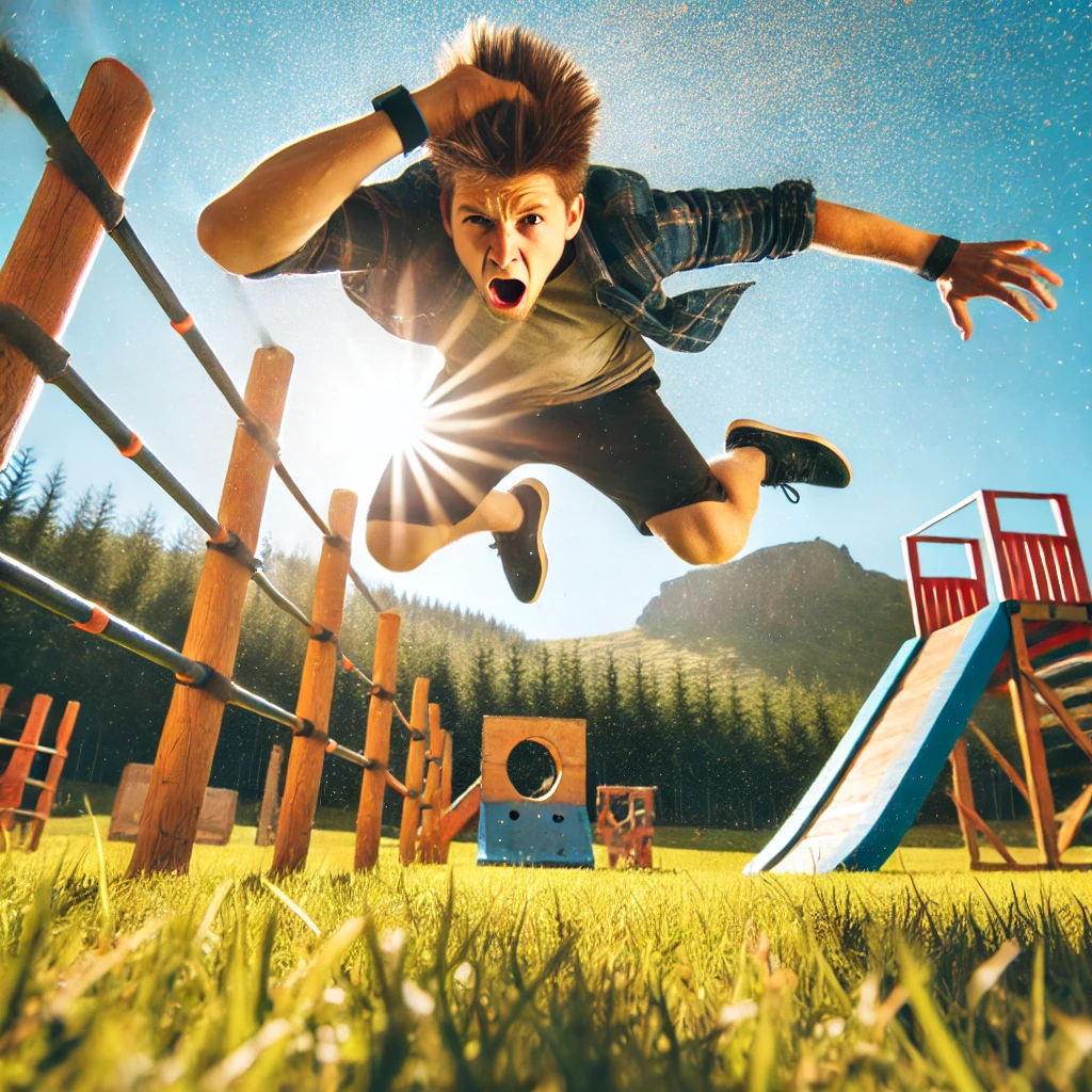 dall·e 2025 04 07 08.42.19 a dramatic moment of a young man in mid air about to fall onto the grass in a fun parkour challenge. the background shows part of an obstacle course a