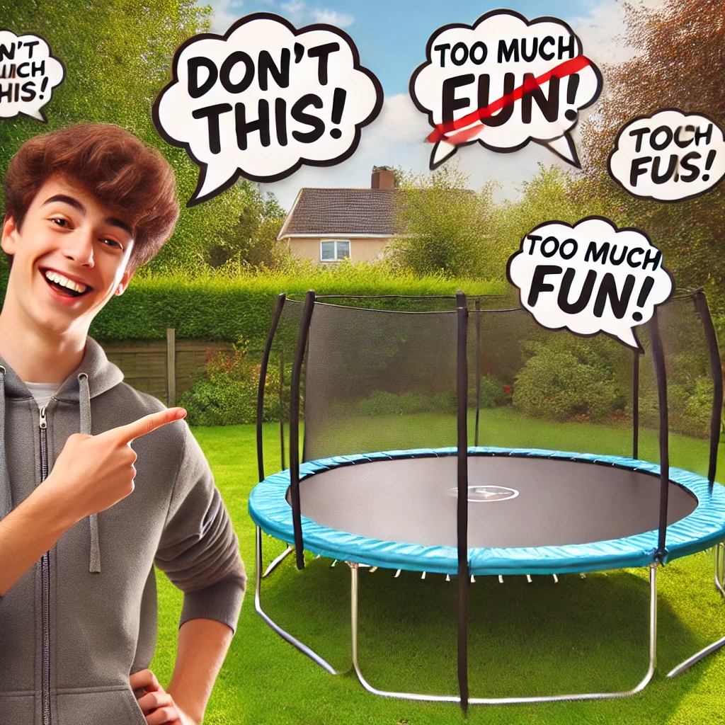 dall·e 2025 04 07 09.50.30 a teenage boy sarcastically pointing at a high quality backyard trampoline with playful text bubbles like dont buy this and too much fun in a